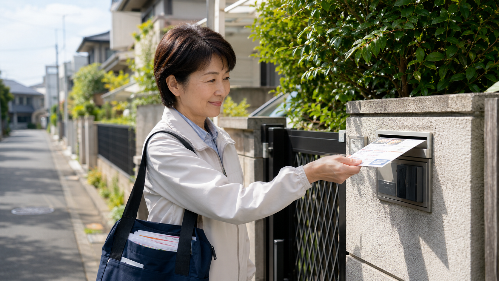 チラシを住宅のポストに投函する様子